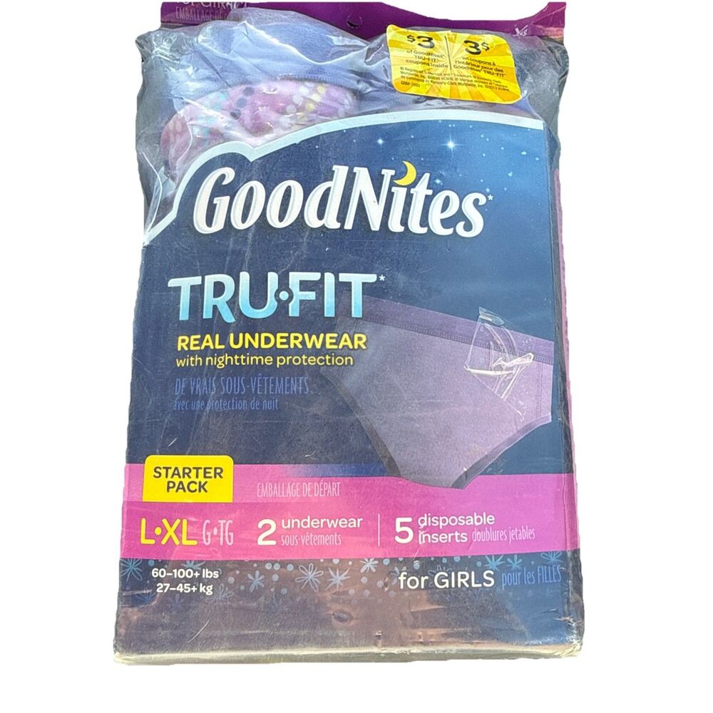 GoodNites Tru-Fit Starter Kit Girl 2 Real Underwear 5 Disposable Insert L/XL NIP